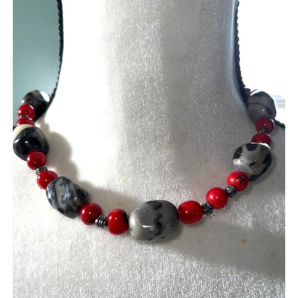 Artisan Red Grey And White Jasper Stone Necklace-- 18" - Picture 1 of 10